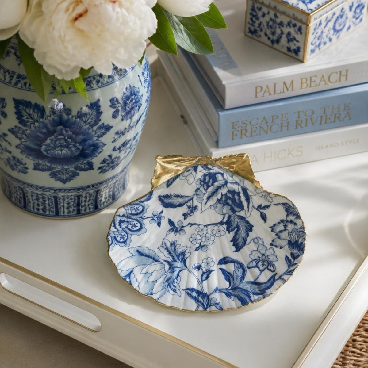 Blue Chinoiserie Floral Shell Jewelry Dish