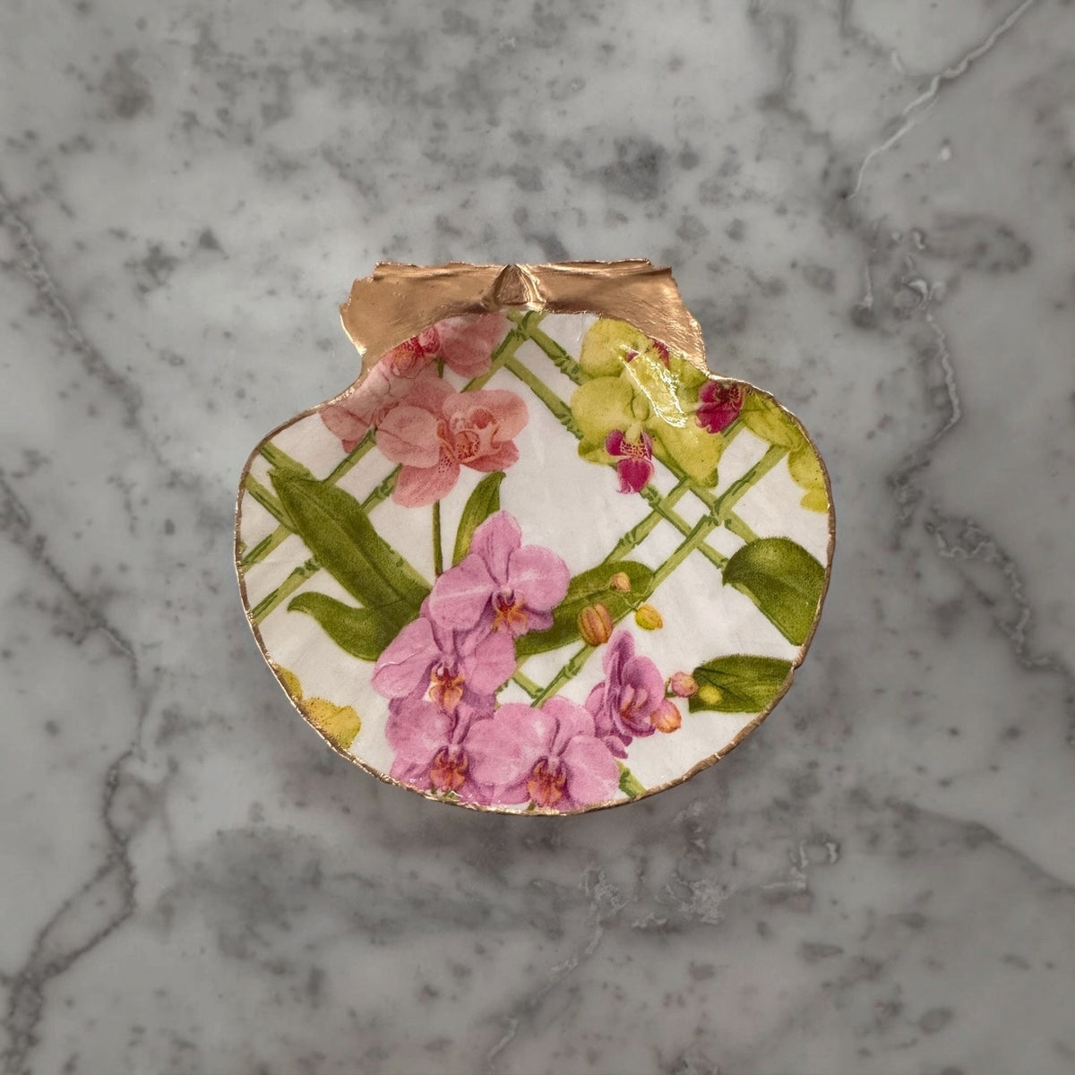 Pink Orchid Scallop Shell Trinket Dish, Gold Rim, Botanical Vanity Decor