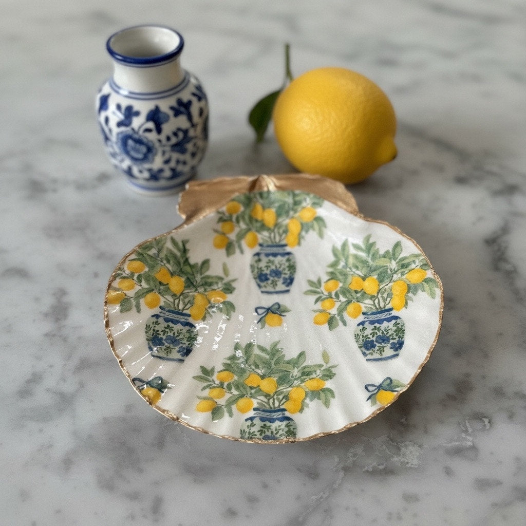Chinoiserie Ginger Jar Lemon Tree Shell Ring Dish, Italian Summer Decor
