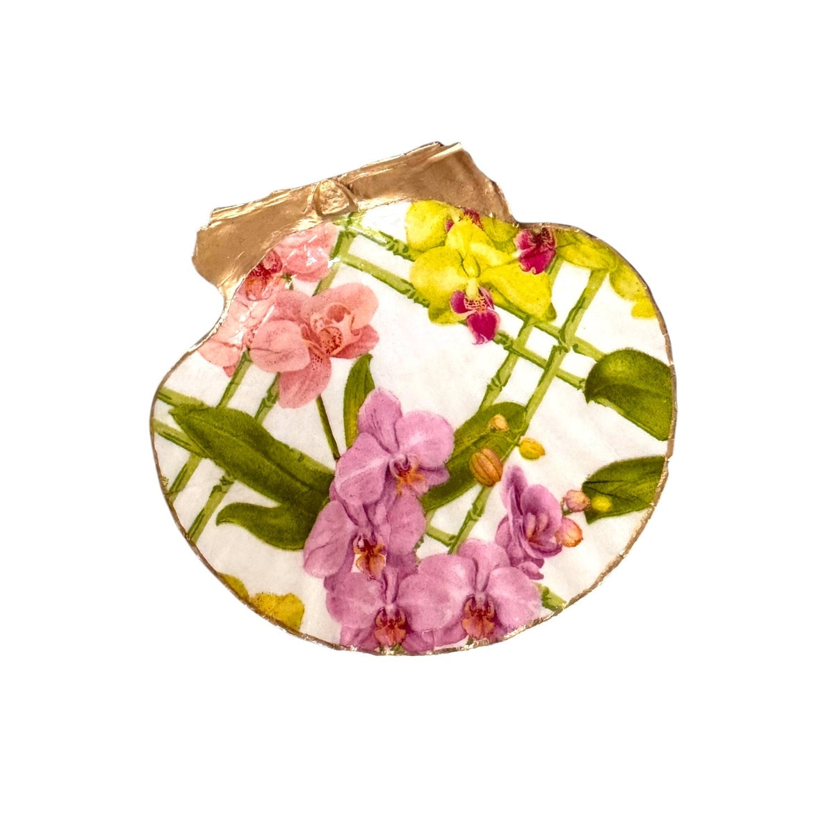 Pink Orchid Scallop Shell Trinket Dish, Gold Rim, Botanical Vanity Decor
