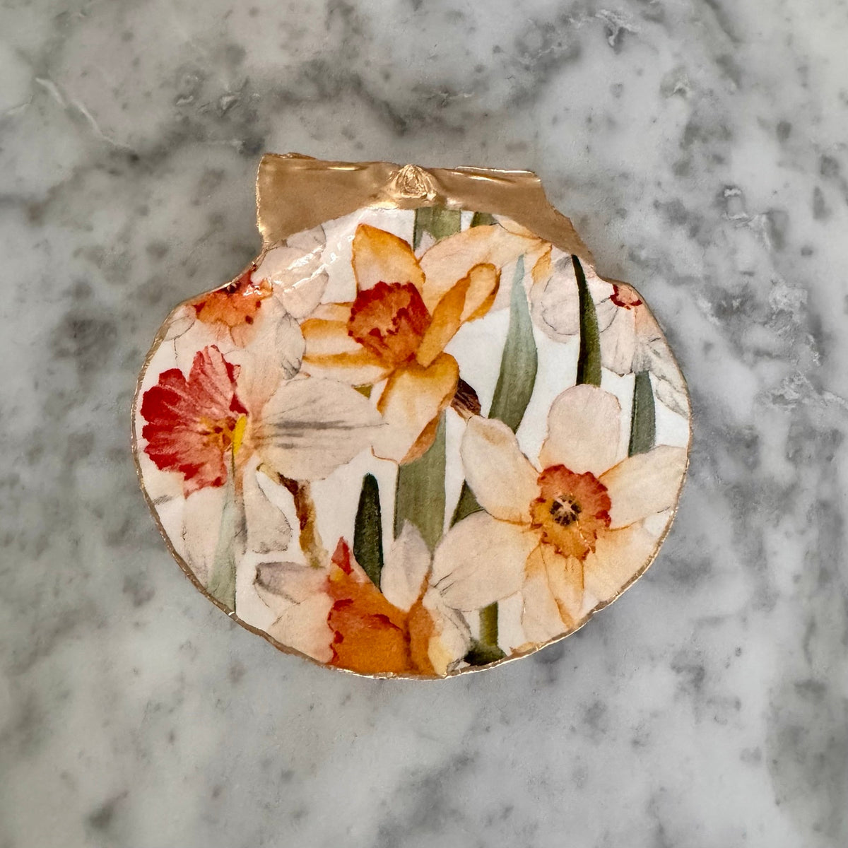Daffodil Shell Trinket Dish, Watercolor Floral Ring Dish, Gold Edge Ring Dish