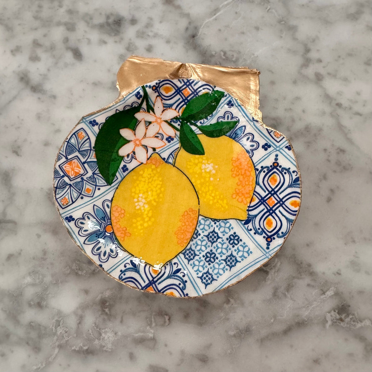 SICILIAN LEMON - Blue Tile & Lemon Blossom Scallop Shell Trinket Dish, Ring Dish, Italian Decor, Hostess Gift, Housewarming Gift for Her