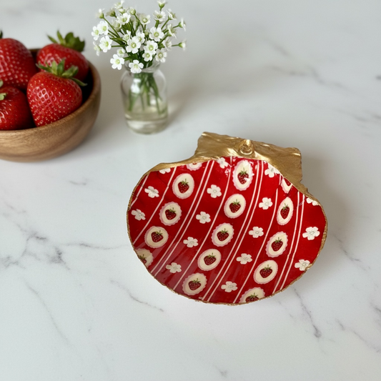 Vintage Strawberry Floral Scallop Shell Trinket Dish