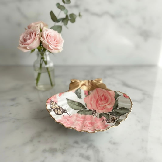 Pink Rose & Monarch Butterfly Scallop Shell Ring Dish