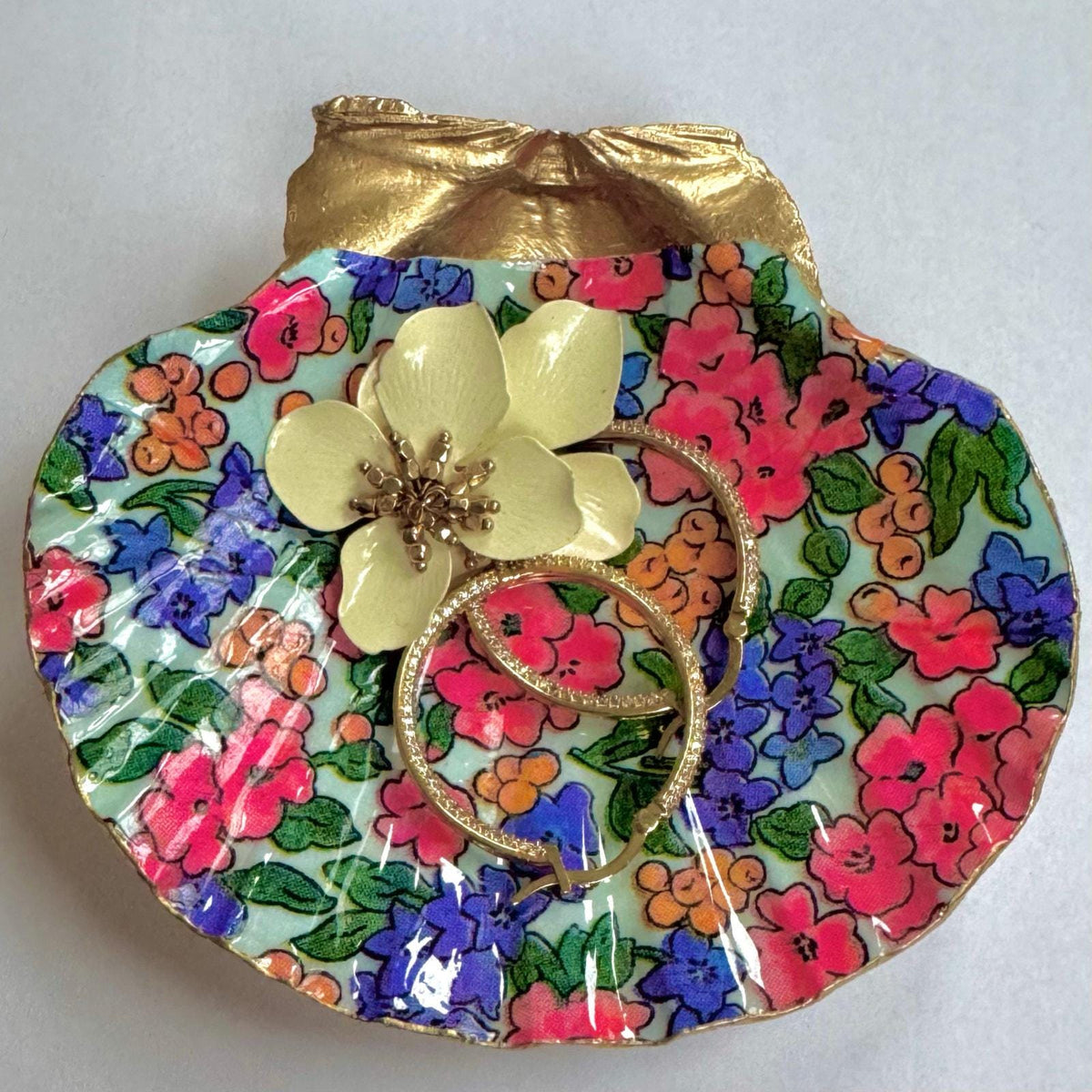 Pink and Purple Lilly Floral Seashell Trinket Dish
