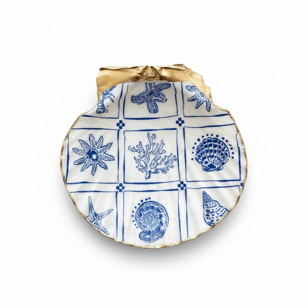 Blue & White Sea Life Tile Scallop Shell Jewelry Dish