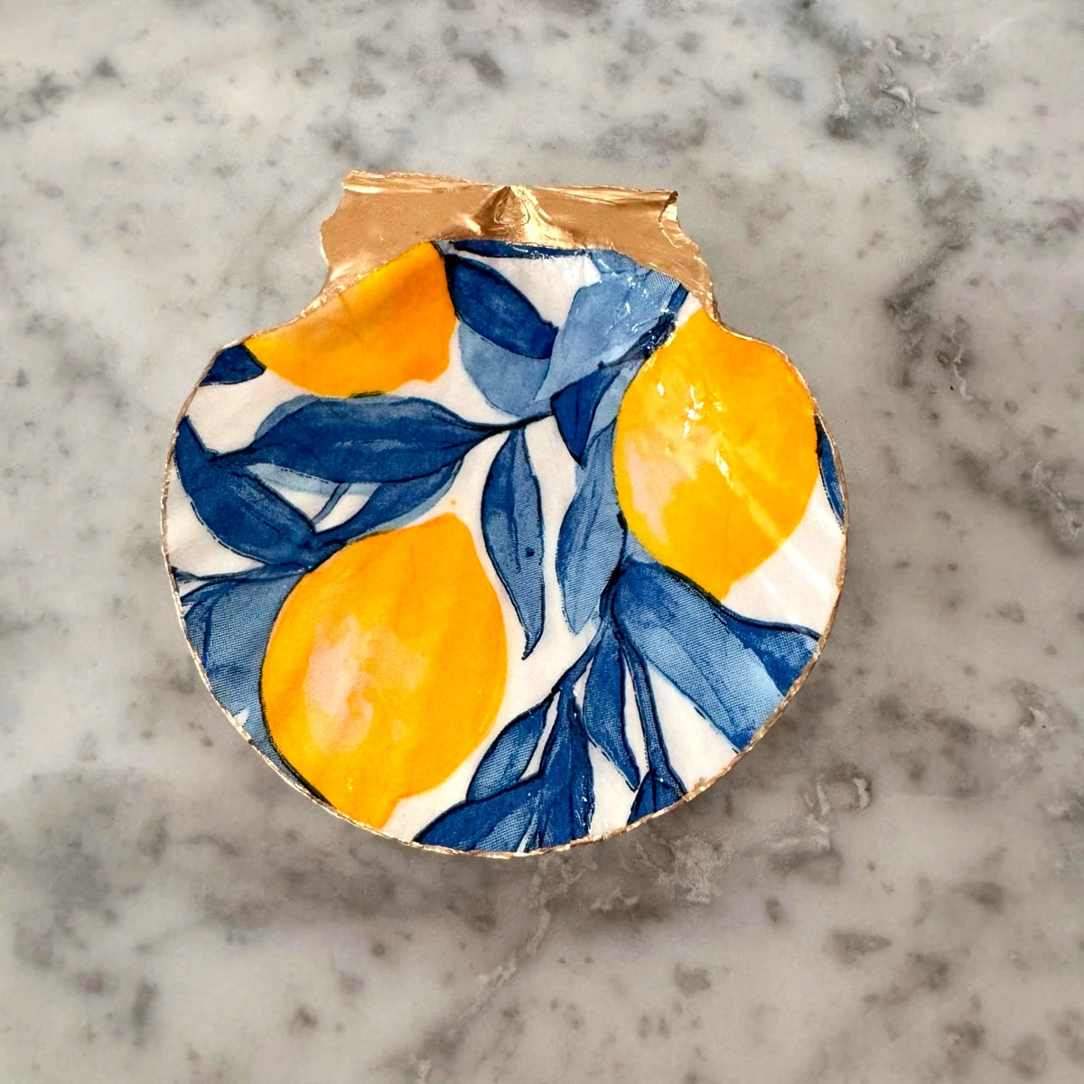 Lemon Scallop Shell Trinket Dish, Blue and Yellow Ring Dish, Italian Kitchen Decor, Hostess Gift, Housewarming Gift for Her
