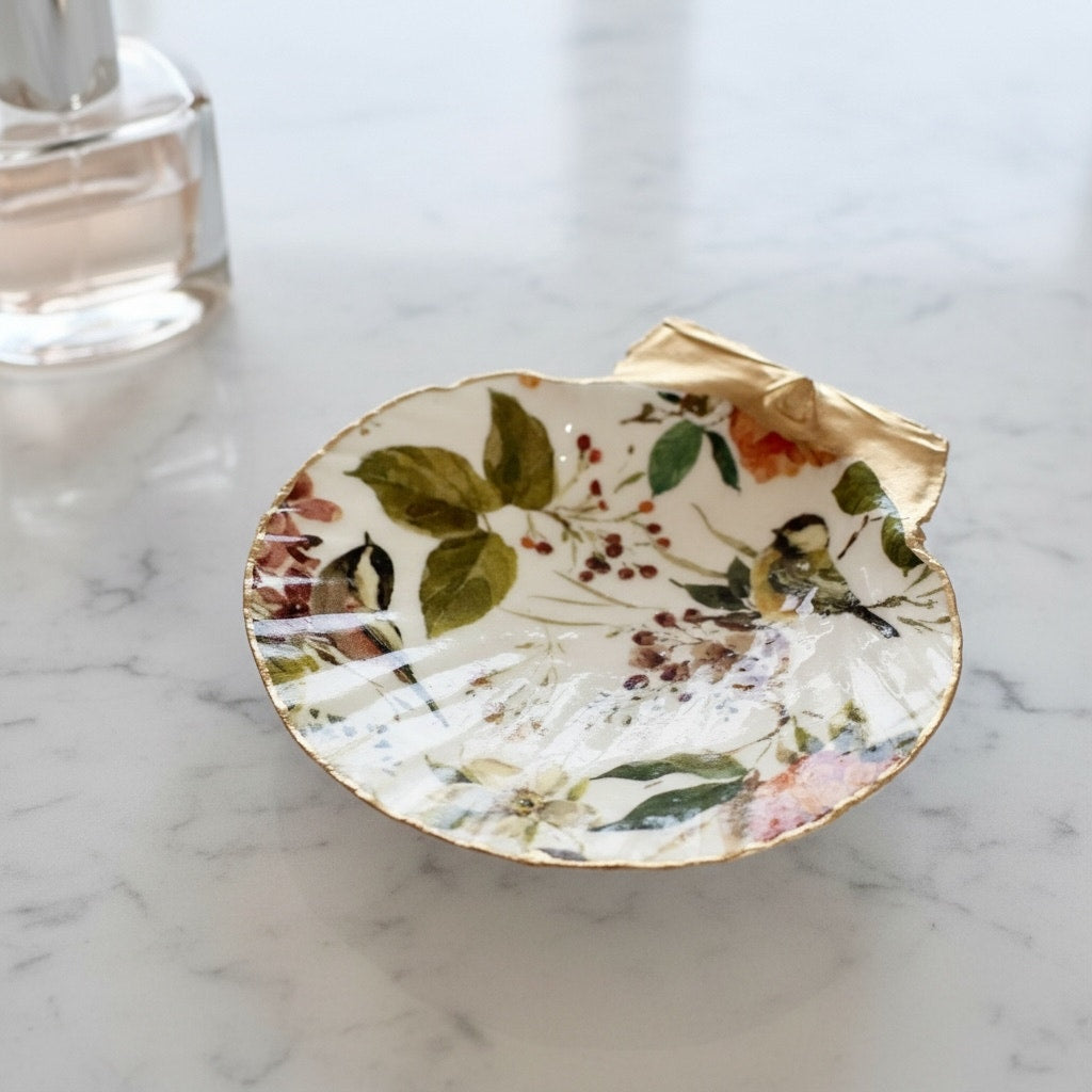 Vintage Songbird Botanical Scallop Shell Jewelry Dish