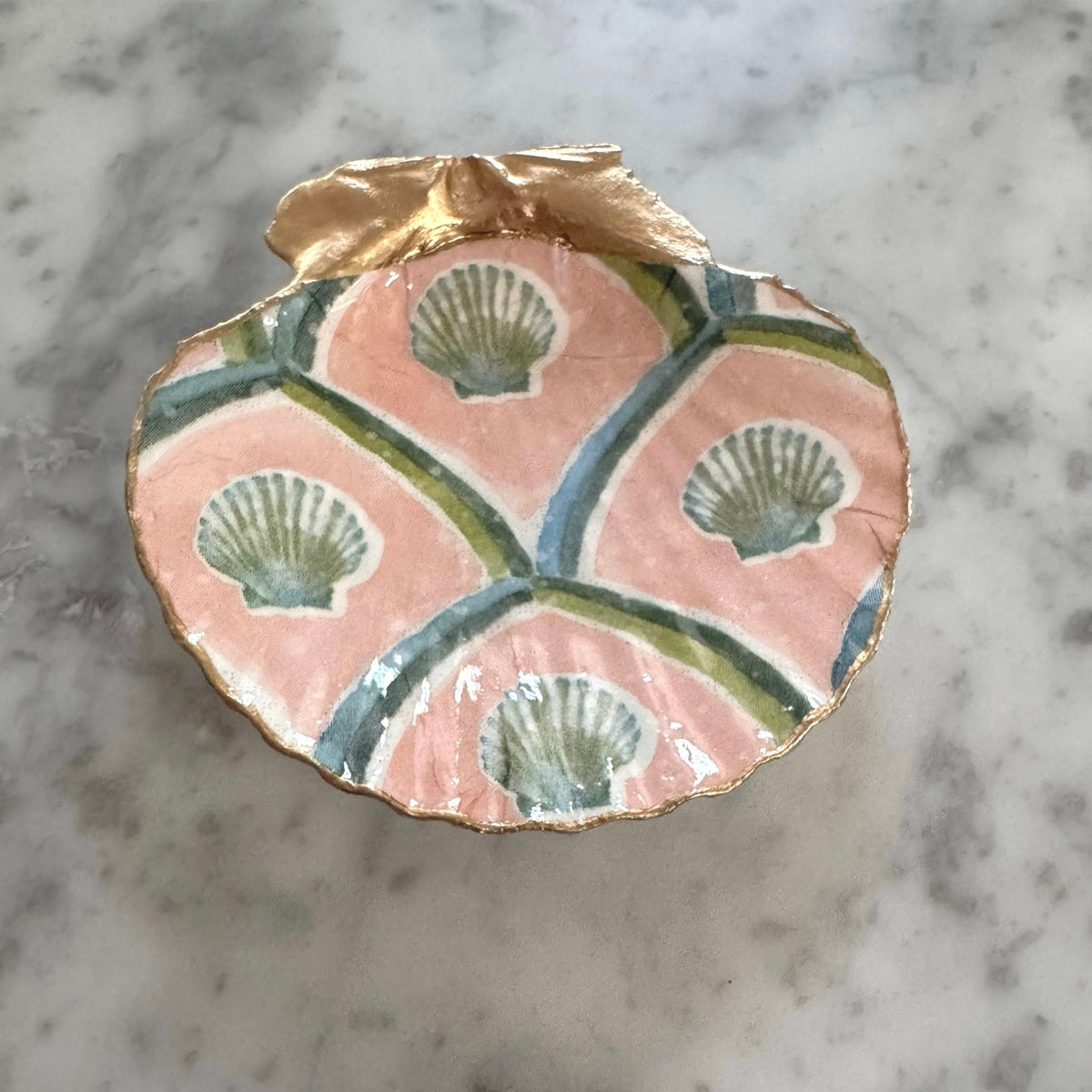Shell Trinket Dish with Peach Scallop Design, Coastal Ring Holder