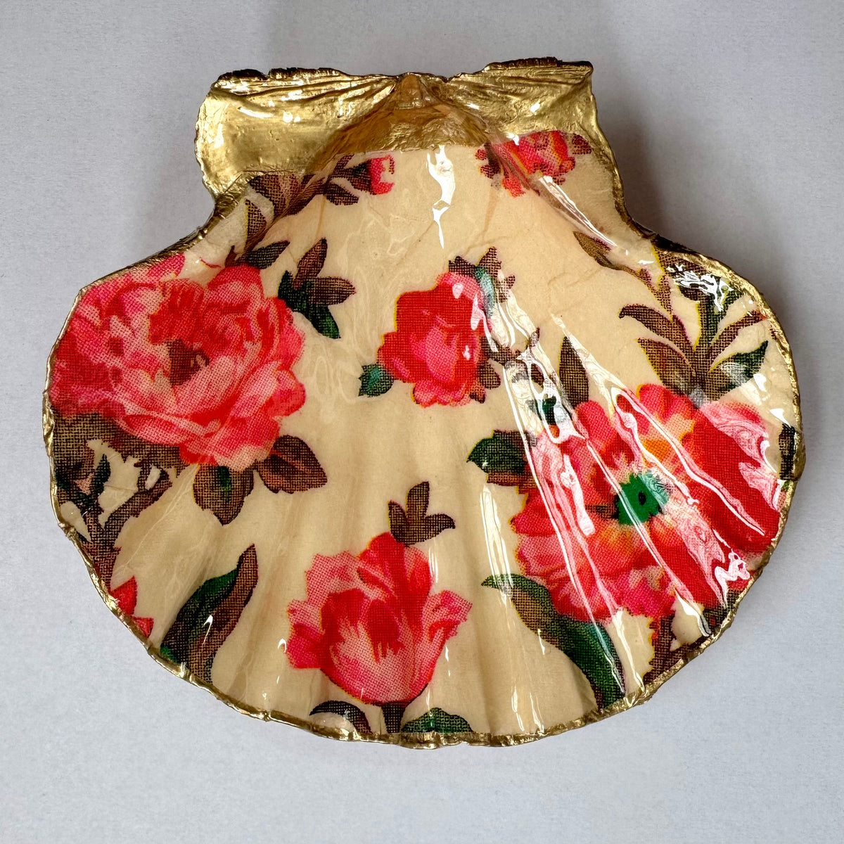 Vintage Coral Pink Rose Scallop Shell Trinket Dish