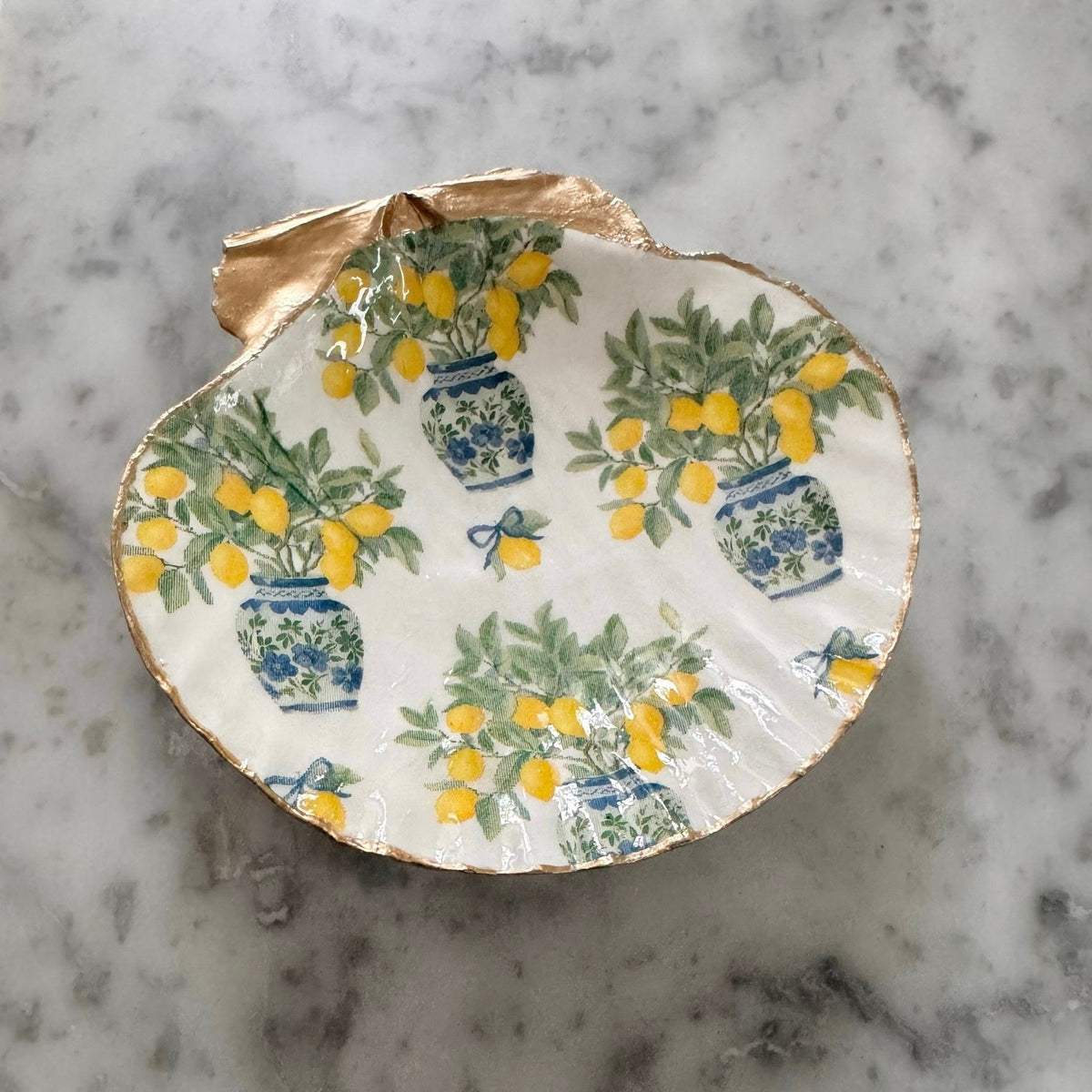 Chinoiserie Ginger Jar Lemon Tree Shell Ring Dish, Italian Summer Decor