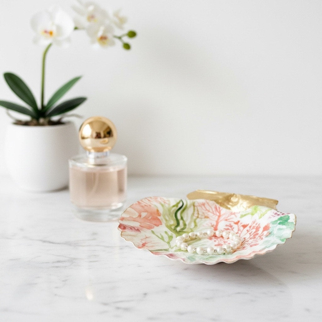 Coral Reef Botanical Scallop Shell Trinket Dish