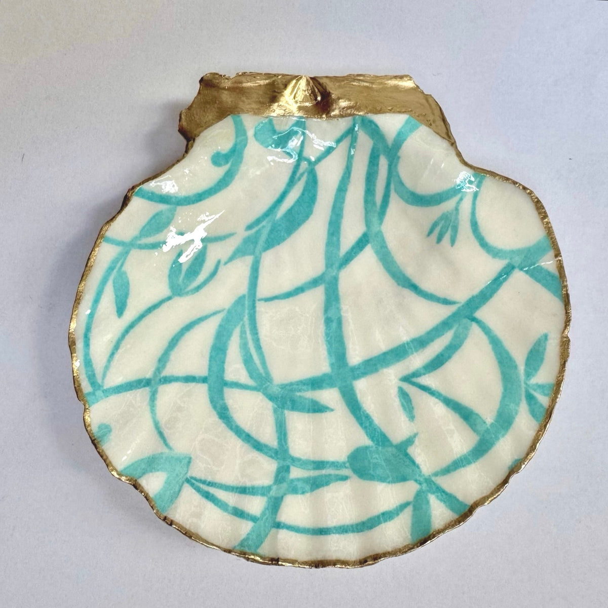 Teal Blue Vine Scallop Shell Ring Dish