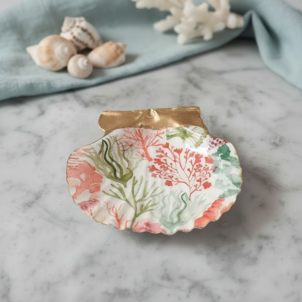 Coral Reef Botanical Scallop Shell Trinket Dish