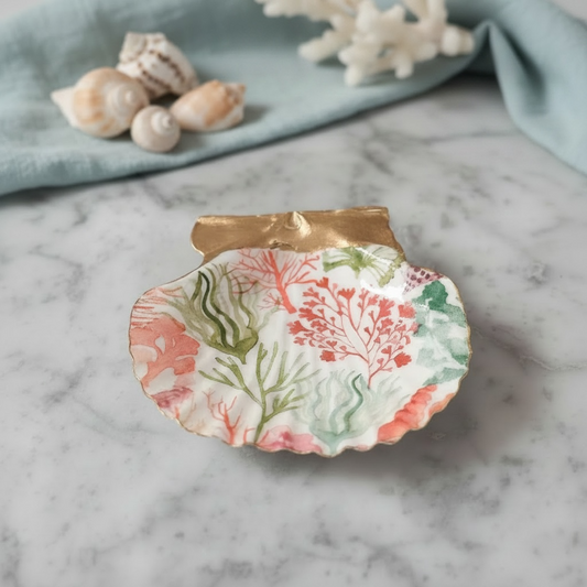 Coral Reef Botanical Scallop Shell Trinket Dish