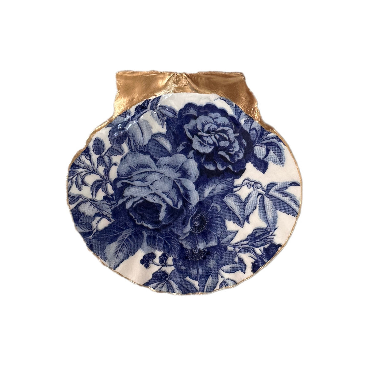 Blue Chinoiserie Rose Scallop Shell Ring Dish