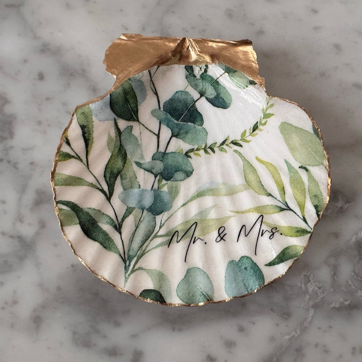 Mr & Mrs Eucalyptus Shell Ring Dish, Engagement Gift, Bridal Trinket Dish