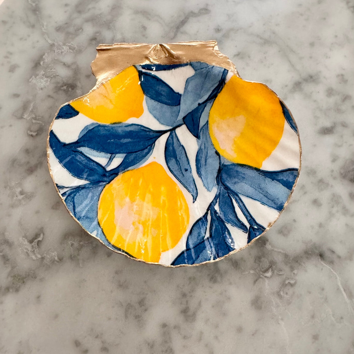 Lemon Scallop Shell Trinket Dish, Blue and Yellow Ring Dish, Italian Kitchen Decor, Hostess Gift, Housewarming Gift for Her