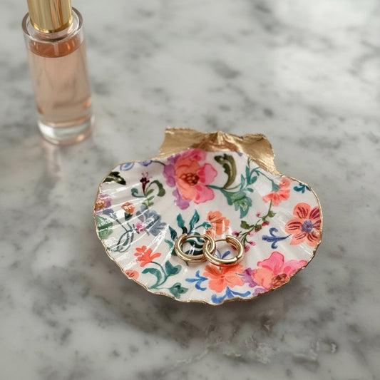 Colorful Chintz Floral Decoupage Shell Trinket Dish, Cottagecore Dish