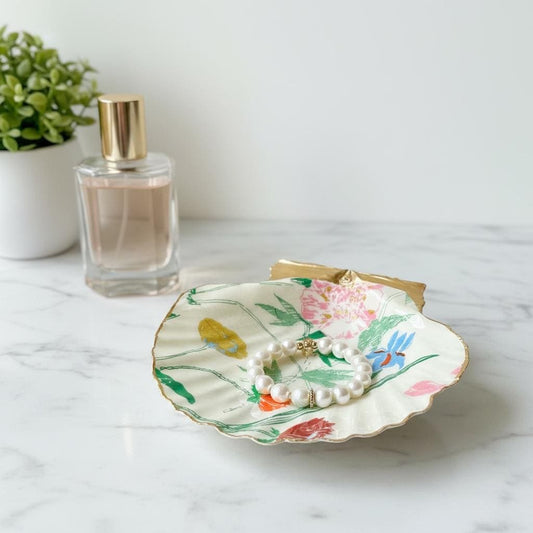 Vintage Wildflower Botanical Scallop Shell Trinket Dish