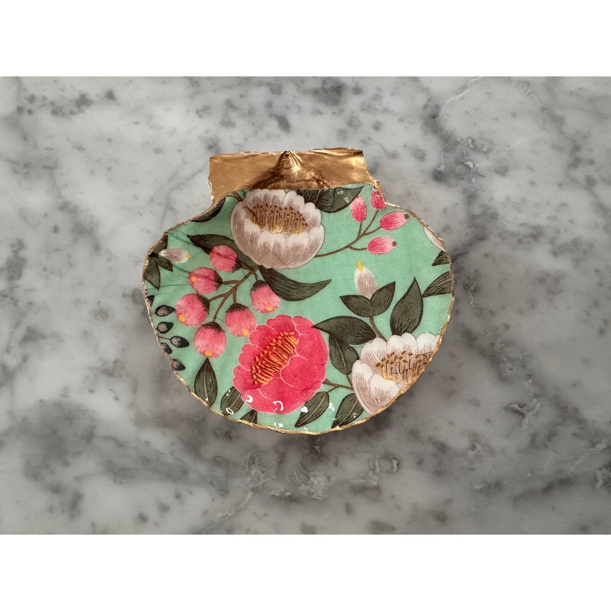 Detailed view of camellia floral shell trinket dish