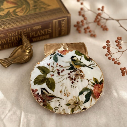 Vintage Songbird Botanical Scallop Shell Jewelry Dish