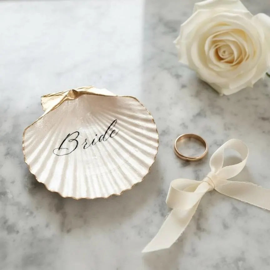 Personalized Bride scallop shell ring dish with gold edge