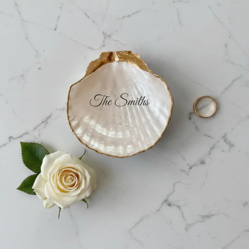 Personalized scallop shell ring dish with The Smiths lettering