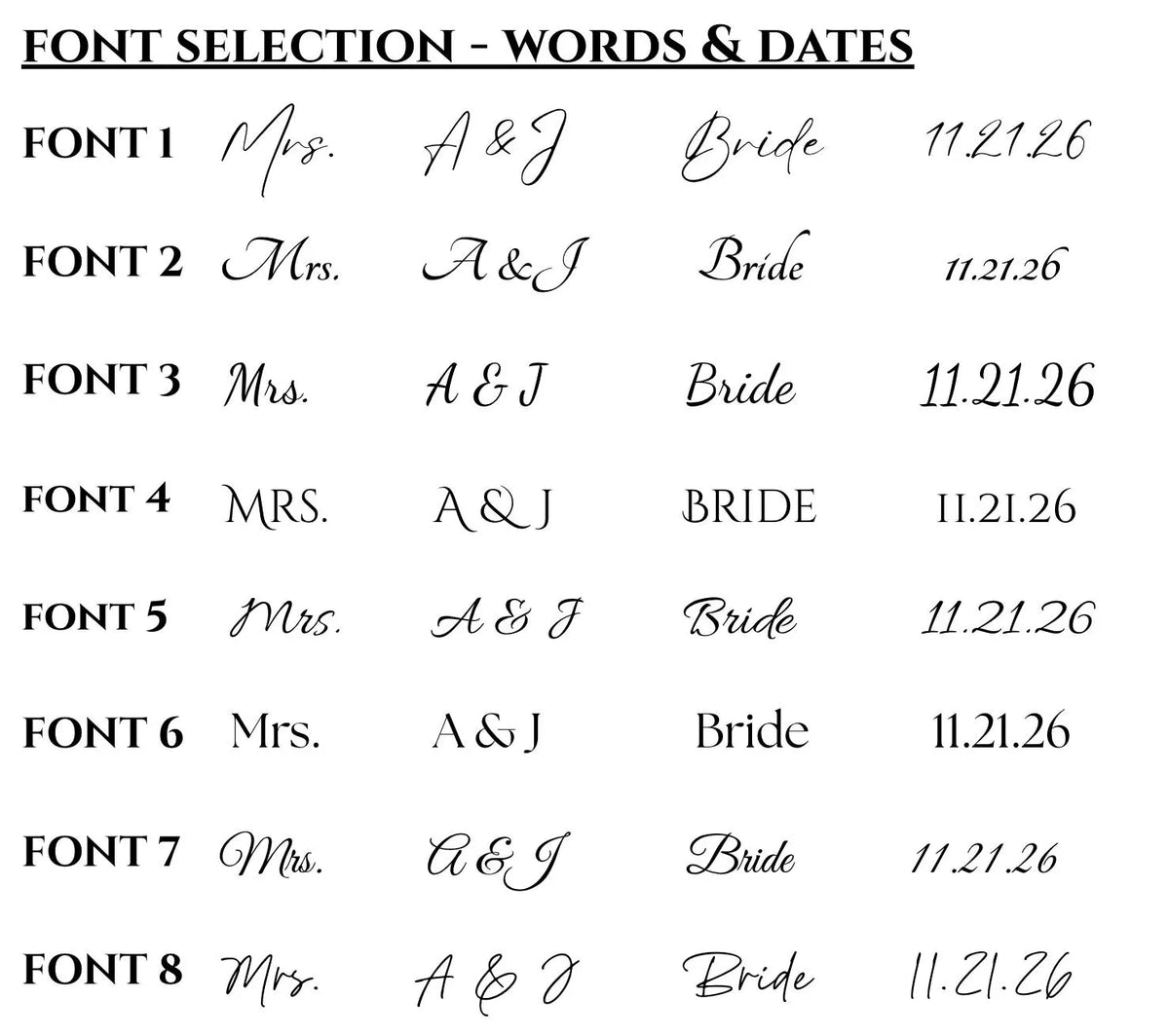 Font selection guide for personalized words and dates, fonts 1 through 8